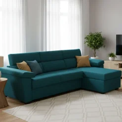 Divano Letto con Penisola Azzurro Sfoderabile Contenitore 285x160 cm, Idrorepellente Multiposizione Trasformabile in Letto Made in Italy - Tolle