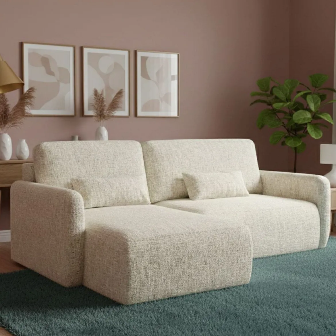 Divano Letto con Penisola Beige Chiaro Contenitore Reclinabile 229x148 cm, Cuscini Sfoderabili - Rezzo