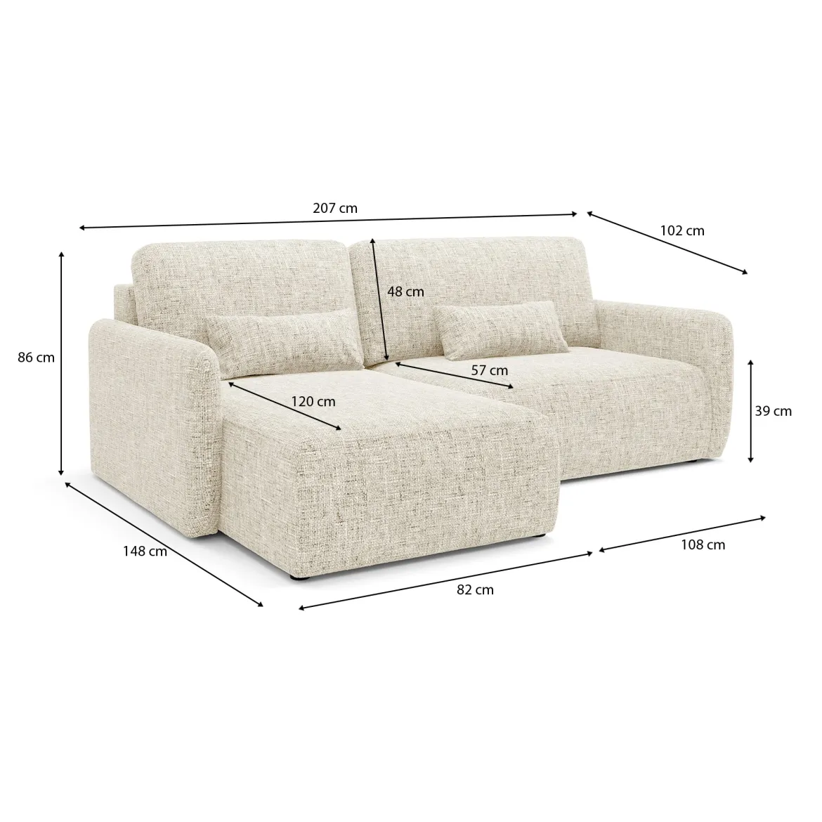 Divano Letto con Penisola Beige Chiaro Contenitore Reclinabile 229x148 cm, Cuscini Sfoderabili - Rezzo