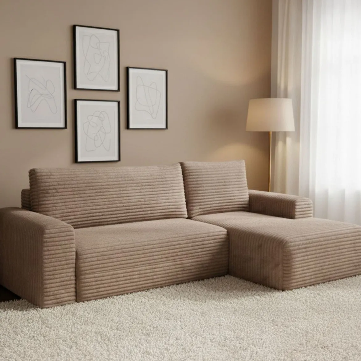 Divano Letto con Penisola Beige Contenitore Reclinabile 268x163 cm, Cuscini Sfoderabili - Folgarida