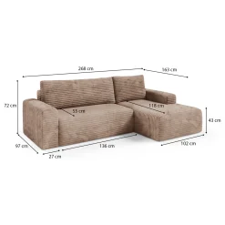 Divano Letto con Penisola Beige Contenitore Reclinabile 268x163 cm, Cuscini Sfoderabili - Folgarida