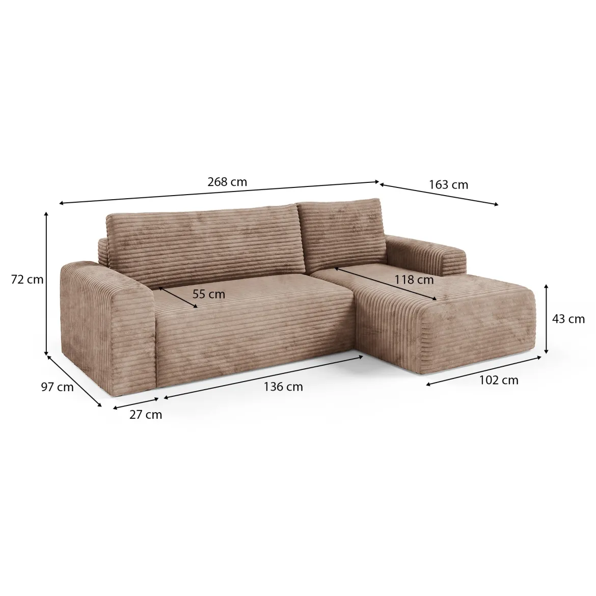 Divano Letto con Penisola Beige Contenitore Reclinabile 268x163 cm, Cuscini Sfoderabili - Folgarida