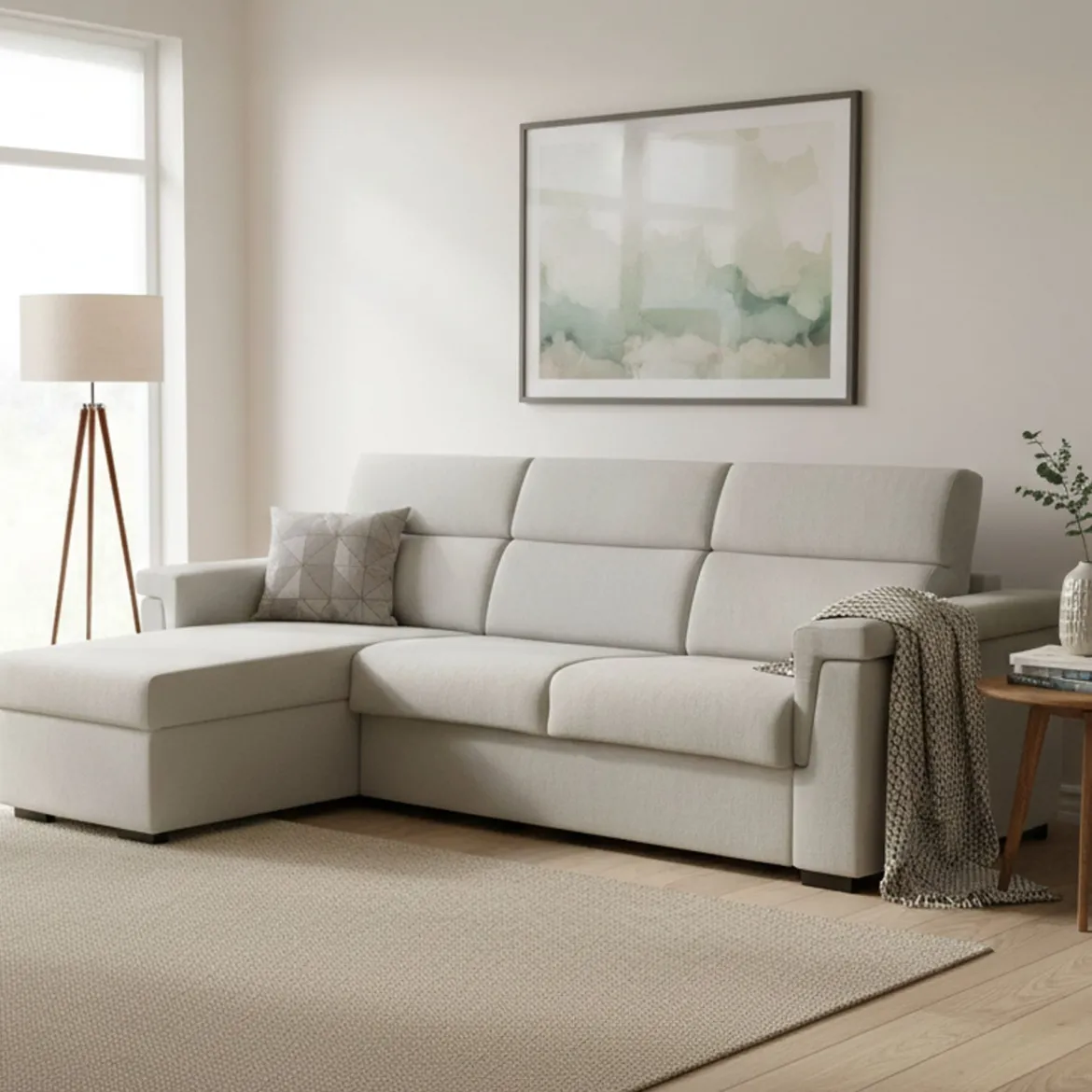 Divano Letto con Penisola Beige Sfoderabile Contenitore 285x160 cm, Idrorepellente Multiposizione Trasformabile in Letto Made in Italy - Esca