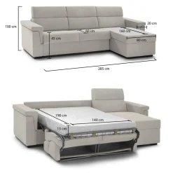 Divano Letto con Penisola Beige Sfoderabile Contenitore 285x160 cm, Idrorepellente Multiposizione Trasformabile in Letto Made in Italy - Esca