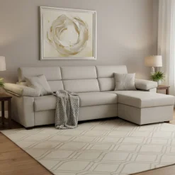 Divano Letto con Penisola Beige Sfoderabile Contenitore 285x160 cm, Idrorepellente Multiposizione Trasformabile in Letto Made in Italy - Priverno