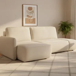 Divano Letto con Penisola Bianco Crema Contenitore Reclinabile 229x148 cm, Cuscini Sfoderabili - Rezzo
