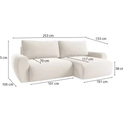 Divano Letto con Penisola Bianco Crema Contenitore Reclinabile 268x163 cm, Cuscini Sfoderabili - Folgarida
