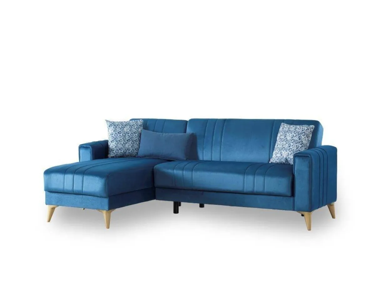 Divano Letto con Penisola blu Contenitore con Piedini 225x151 cm, Reclinabile - Aronix