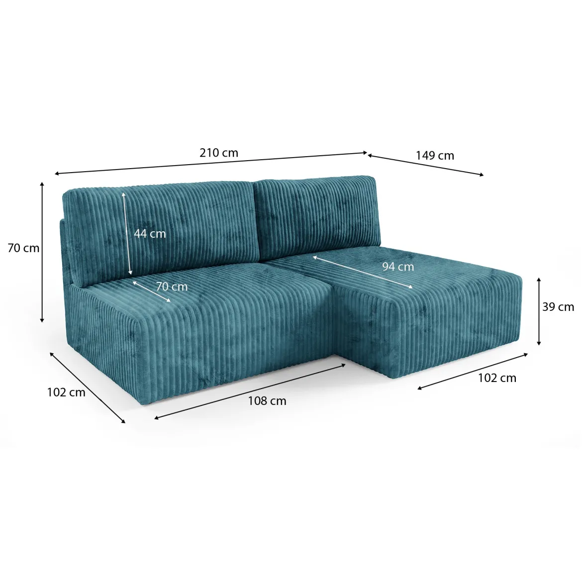 Divano Letto con Penisola blu Petrolio Contenitore Reclinabile 210x149 cm, Cuscini Sfoderabili - Pergola
