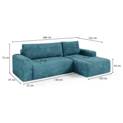Divano Letto con Penisola blu Petrolio Contenitore Reclinabile 268x163 cm, Cuscini Sfoderabili - Folgarida