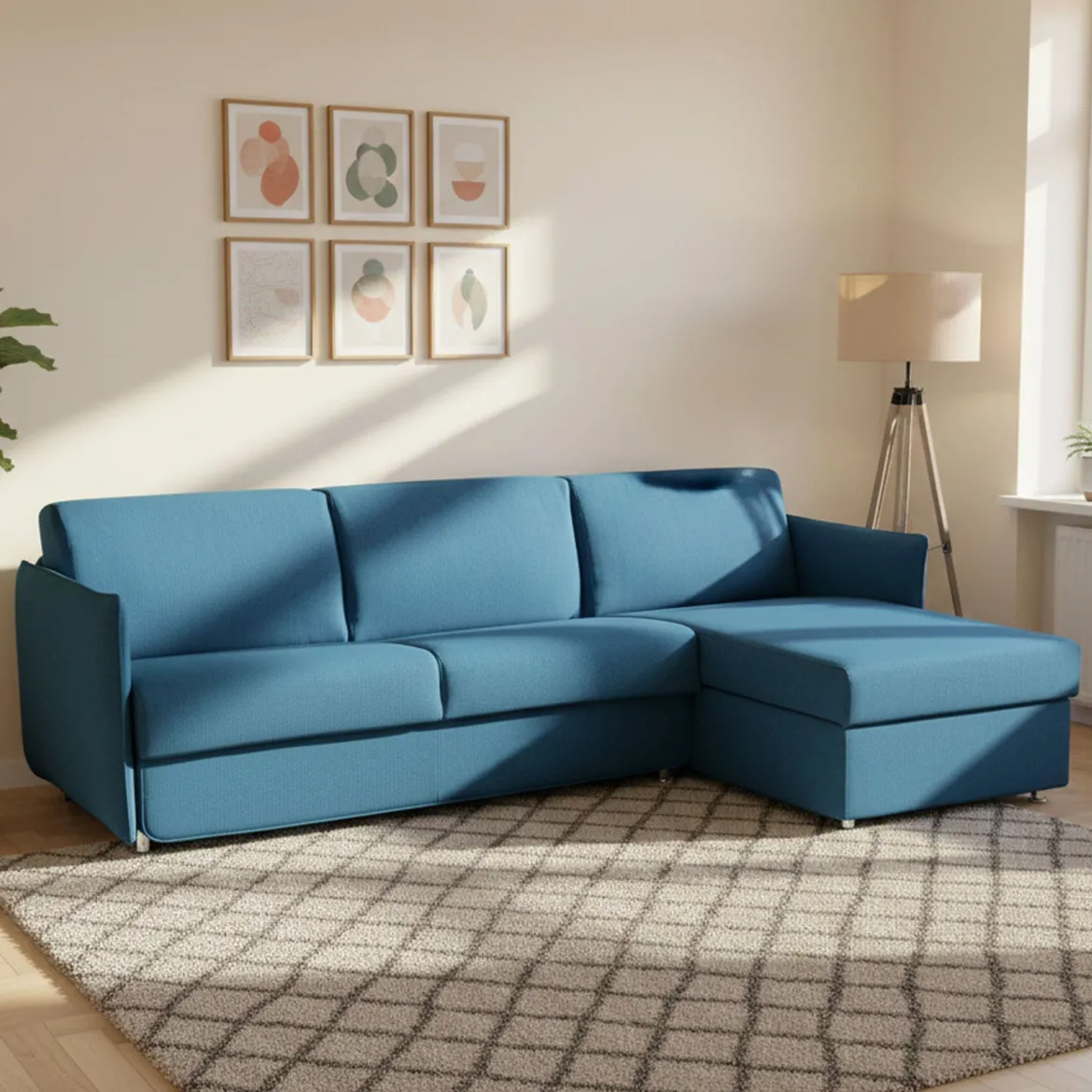 Divano Letto con Penisola blu Sfoderabile Contenitore 280x160 cm, Idrorepellente Trasformabile in Letto Made in Italy - Pusiano