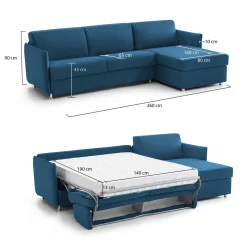 Divano Letto con Penisola blu Sfoderabile Contenitore 280x160 cm, Idrorepellente Trasformabile in Letto Made in Italy - Pusiano