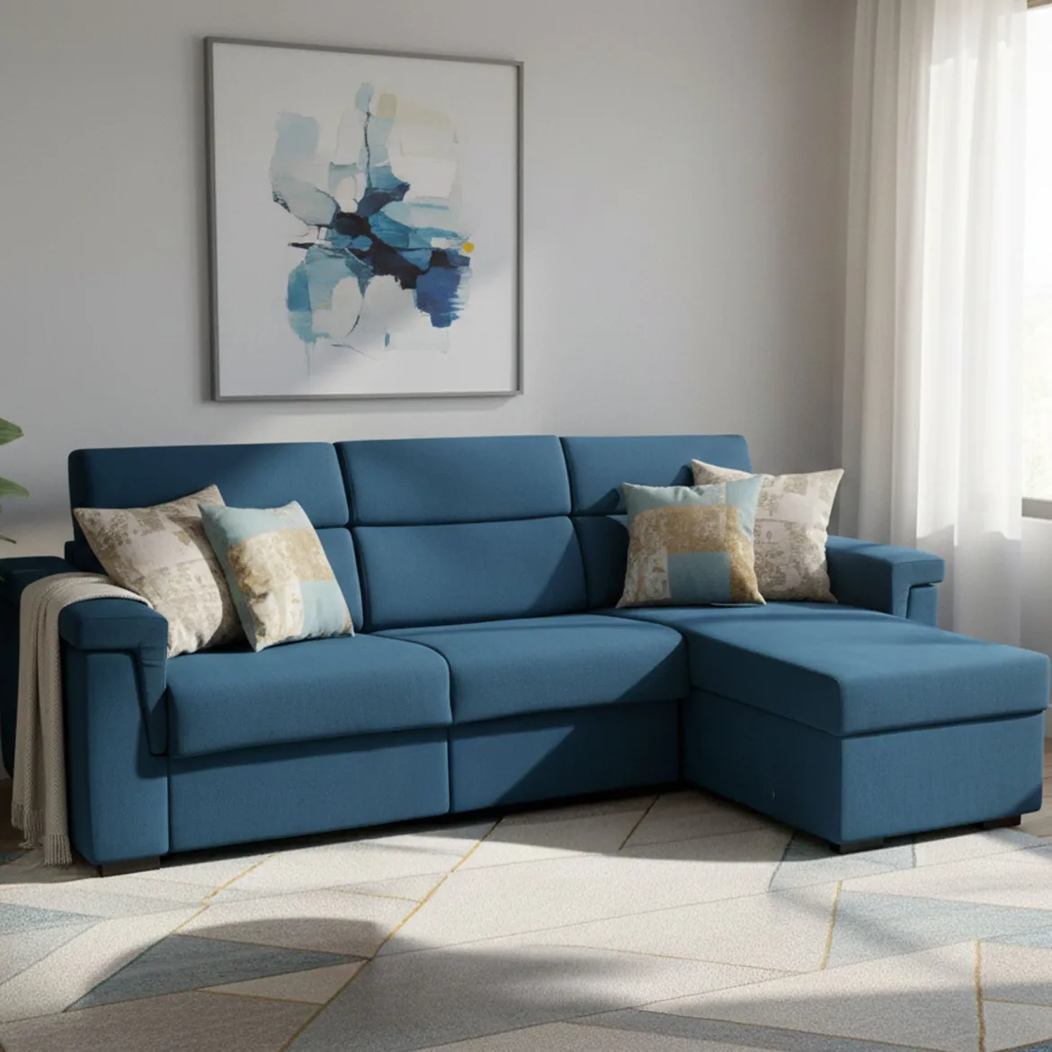 Divano Letto con Penisola blu Sfoderabile Contenitore 285x160 cm, Idrorepellente Multiposizione Trasformabile in Letto Made in Italy - Tolle
