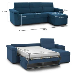 Divano Letto con Penisola blu Sfoderabile Contenitore 285x160 cm, Idrorepellente Multiposizione Trasformabile in Letto Made in Italy - Tolle
