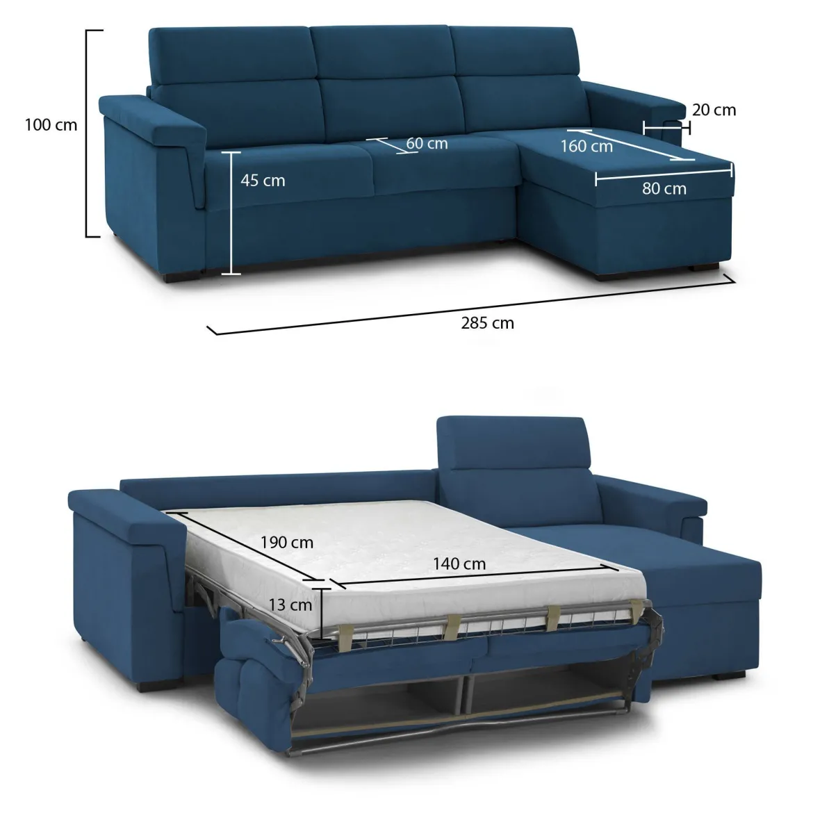 Divano Letto con Penisola blu Sfoderabile Contenitore 285x160 cm, Idrorepellente Multiposizione Trasformabile in Letto Made in Italy - Tolle