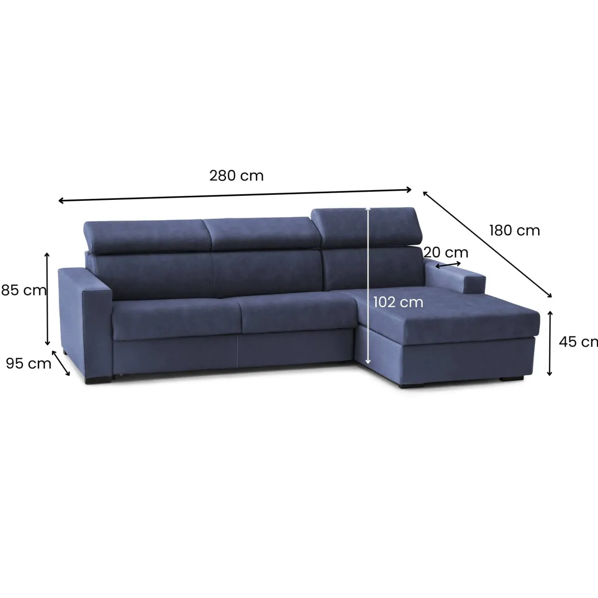 Divano letto con penisola blu 280x95cm - Allevatore