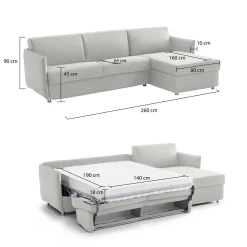Divano Letto con Penisola Grigio Chiaro Sfoderabile Contenitore 260x160 cm, Idrorepellente Multiposizione Trasformabile in Letto Made in Italy