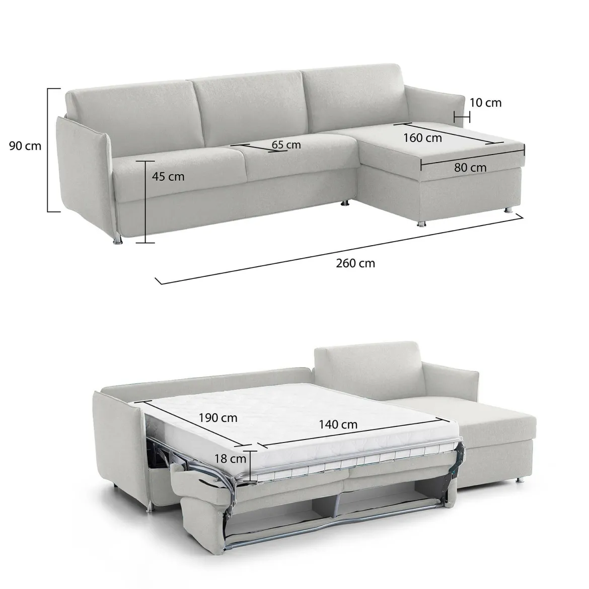 Divano Letto con Penisola Grigio Chiaro Sfoderabile Contenitore 260x160 cm, Idrorepellente Multiposizione Trasformabile in Letto Made in Italy