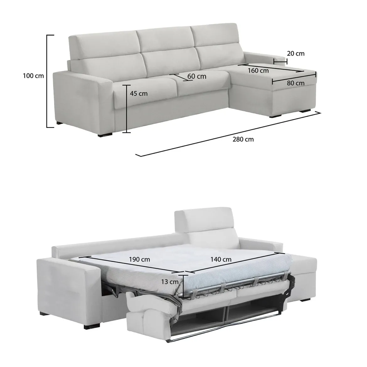 Divano Letto con Penisola Grigio Chiaro Sfoderabile Contenitore 285x160 cm, Idrorepellente Multiposizione Trasformabile in Letto Made in Italy