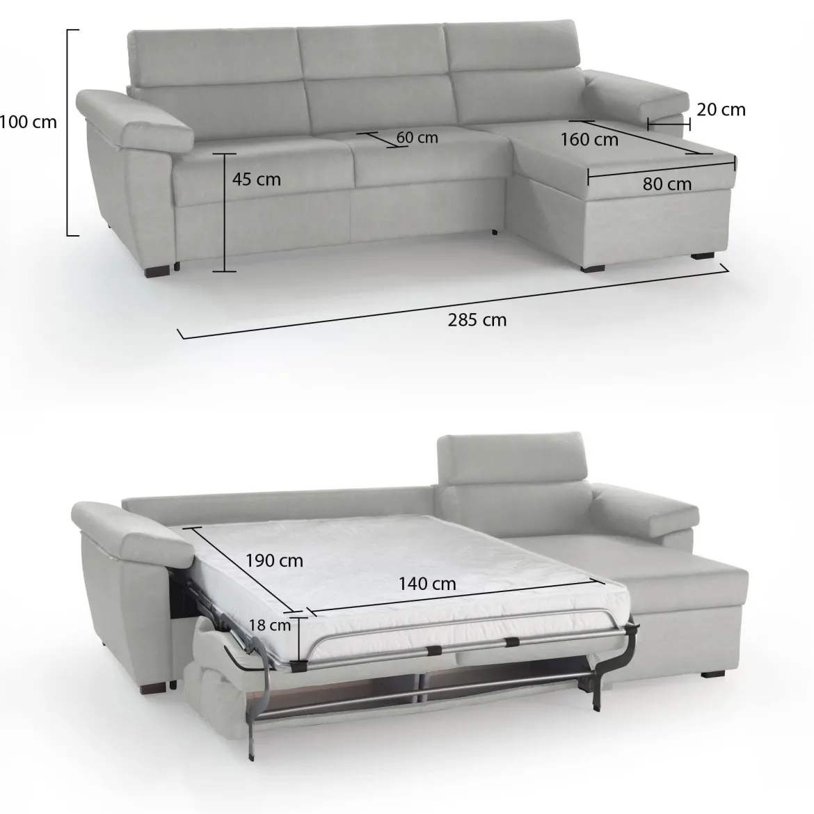 Divano Letto con Penisola Grigio Chiaro Sfoderabile Contenitore 285x160 cm, Idrorepellente Rialzato da Terra Multiposizione Trasformabile in Letto