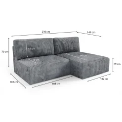 Divano Letto con Penisola Grigio Contenitore Cuscini Sfoderabili 210x149 cm, Reclinabile - Pergola