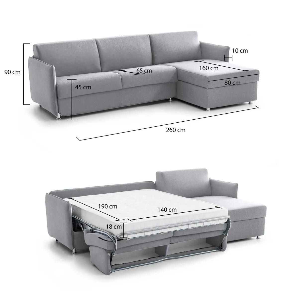 Divano Letto con Penisola Grigio Sfoderabile Contenitore 280x160 cm, Idrorepellente Multiposizione Trasformabile in Letto Made in Italy - Celleno