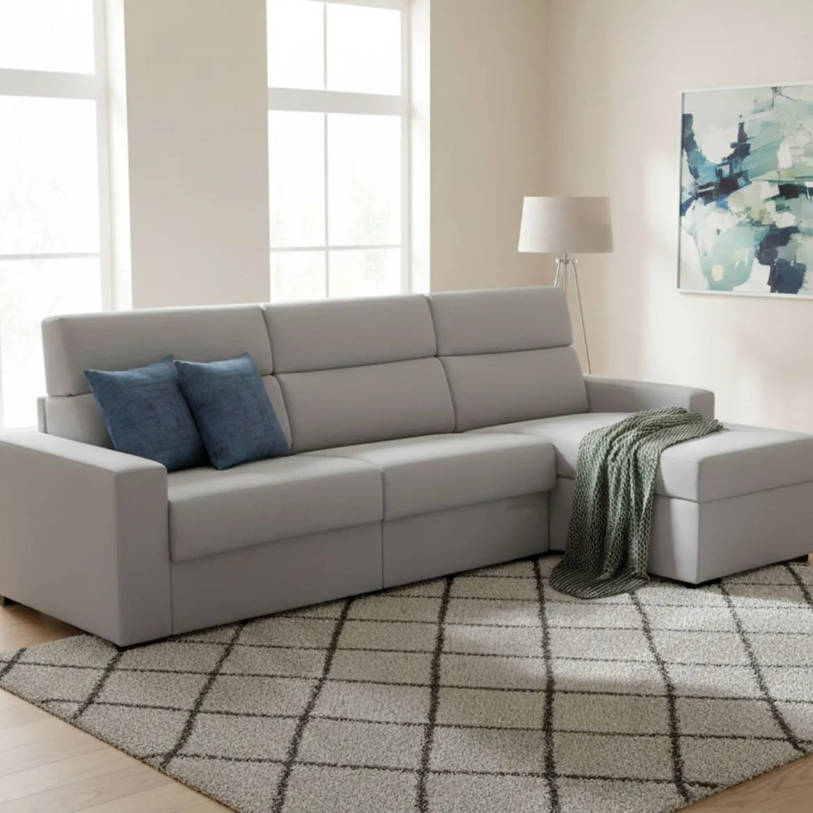 Divano Letto con Penisola Grigio Sfoderabile Contenitore 285x160 cm, Idrorepellente Multiposizione Trasformabile in Letto Made in Italy - Esca