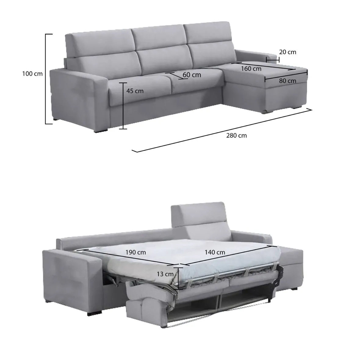 Divano Letto con Penisola Grigio Sfoderabile Contenitore 285x160 cm, Idrorepellente Multiposizione Trasformabile in Letto Made in Italy - Esca