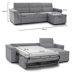 Divano Letto con Penisola Grigio Sfoderabile Contenitore 285x160 cm, Idrorepellente Multiposizione Trasformabile in Letto Made in Italy - Ganzaria