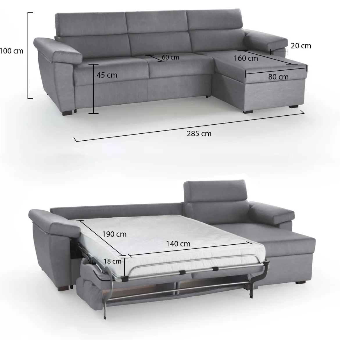 Divano Letto con Penisola Grigio Tortora Sfoderabile Contenitore 260x160 cm, Idrorepellente Multiposizione Made in Italy - Sumirago