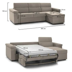 Divano Letto con Penisola Grigio Tortora Sfoderabile Contenitore 285x160 cm, Idrorepellente Sfoderabile Trasformabile Made in Italy - Tolle