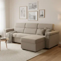 Divano Letto con Penisola Grigio Tortora Sfoderabile Contenitore 285x160 cm, Idrorepellente Trasformabile in Letto Made in Italy - Ganzaria