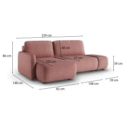 Divano Letto con Penisola Rosa Contenitore Reclinabile 229x148 cm, Cuscini Sfoderabili - Rezzo