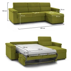 Divano Letto con Penisola Verde Sfoderabile Contenitore 285x160 cm, Idrorepellente Multiposizione Trasformabile in Letto Made in Italy - Priverno