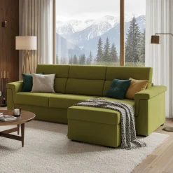Divano Letto con Penisola Verde Sfoderabile Contenitore 285x160 cm, Idrorepellente Multiposizione Trasformabile in Letto Made in Italy - Priverno