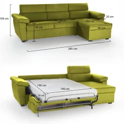 Divano Letto con Penisola Verde Sfoderabile Contenitore 285x160 cm, Idrorepellente Trasformabile in Letto Made in Italy - Esca
