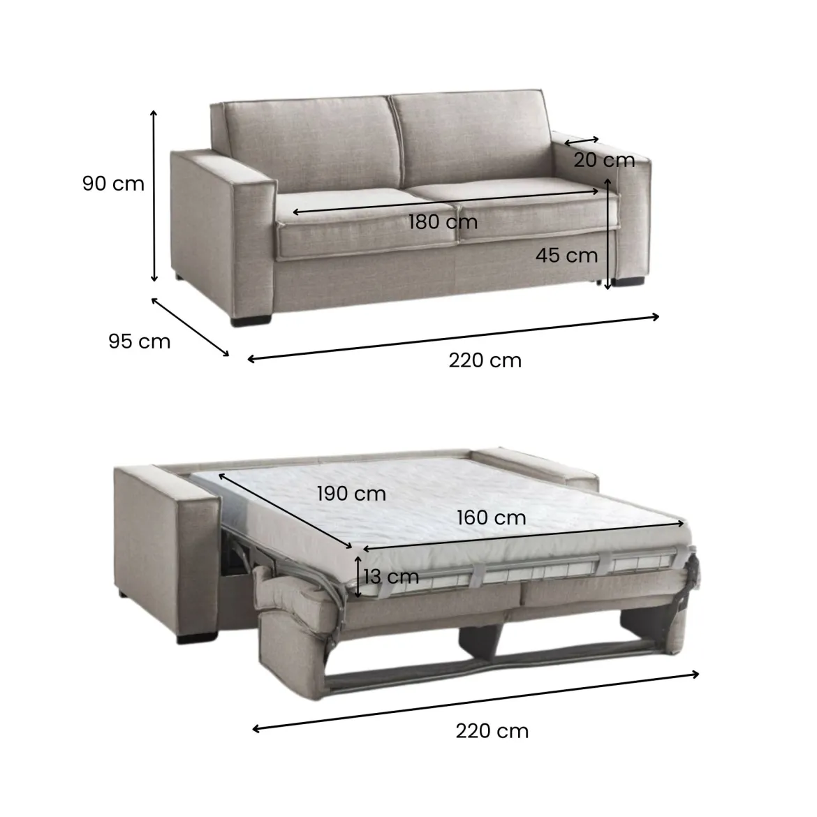 Divano letto due piazze tortora 220x95cm - Asteroide