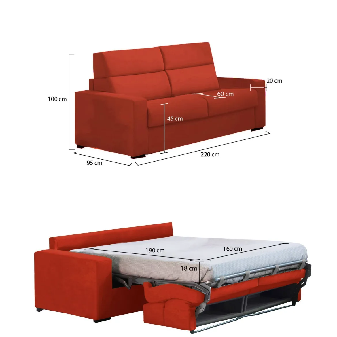 Divano Letto 3 Posti Arancione Sfoderabile Contenitore 225x95 cm, Lavabile Made in Italy - Benedetto