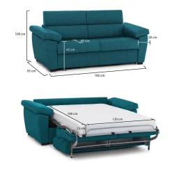 Divano Letto 2 Posti Azzurro Sfoderabile Contenitore 185x95 cm, di Apertura a Ribalta Made in Italy - Tenna