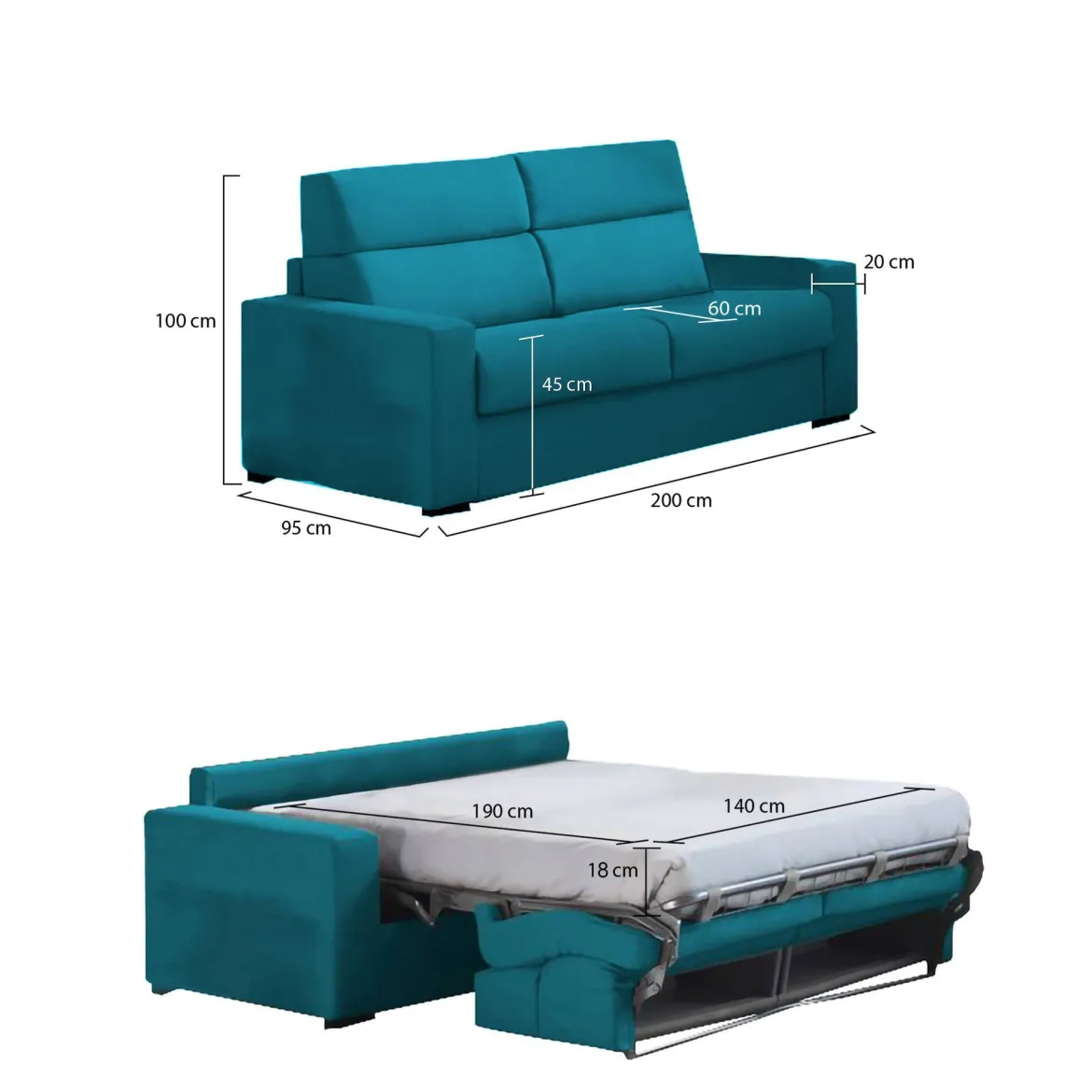 Divano Letto 2 Posti Azzurro Sfoderabile Contenitore 200x95 cm, di Apertura a Ribalta Made in Italy - Sonico