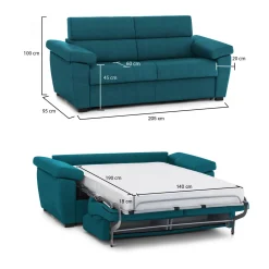 Divano Letto 2 Posti Azzurro Sfoderabile Contenitore 205x95 cm, di Apertura a Ribalta Made in Italy - Fisciano