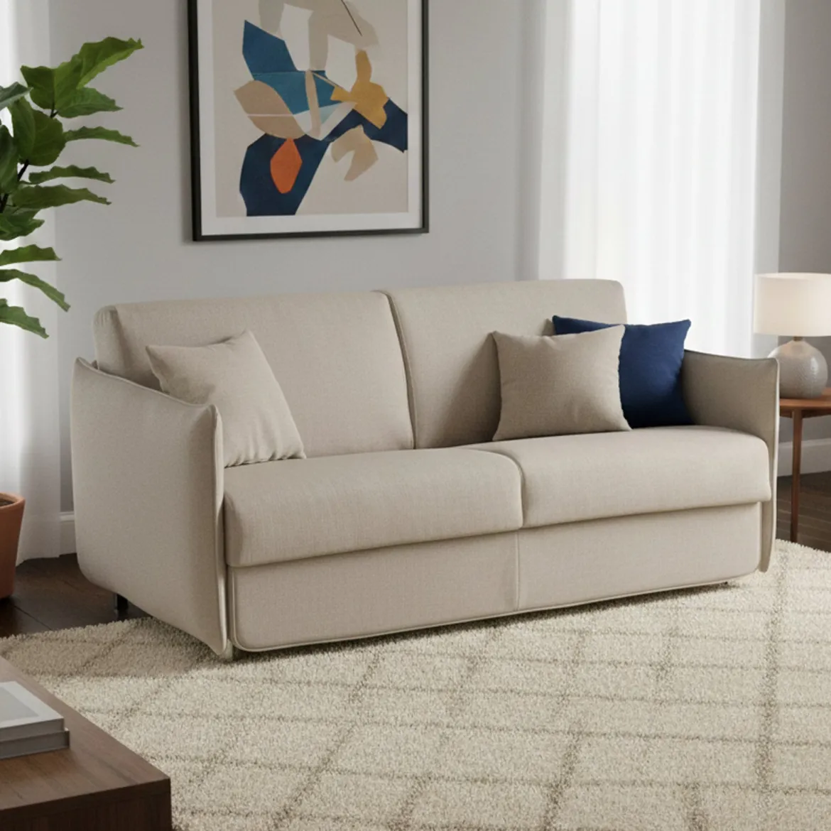 Divano Letto 3 Posti Beige Sfoderabile Contenitore 200x95 cm, Lavabile Made in Italy - Cecina