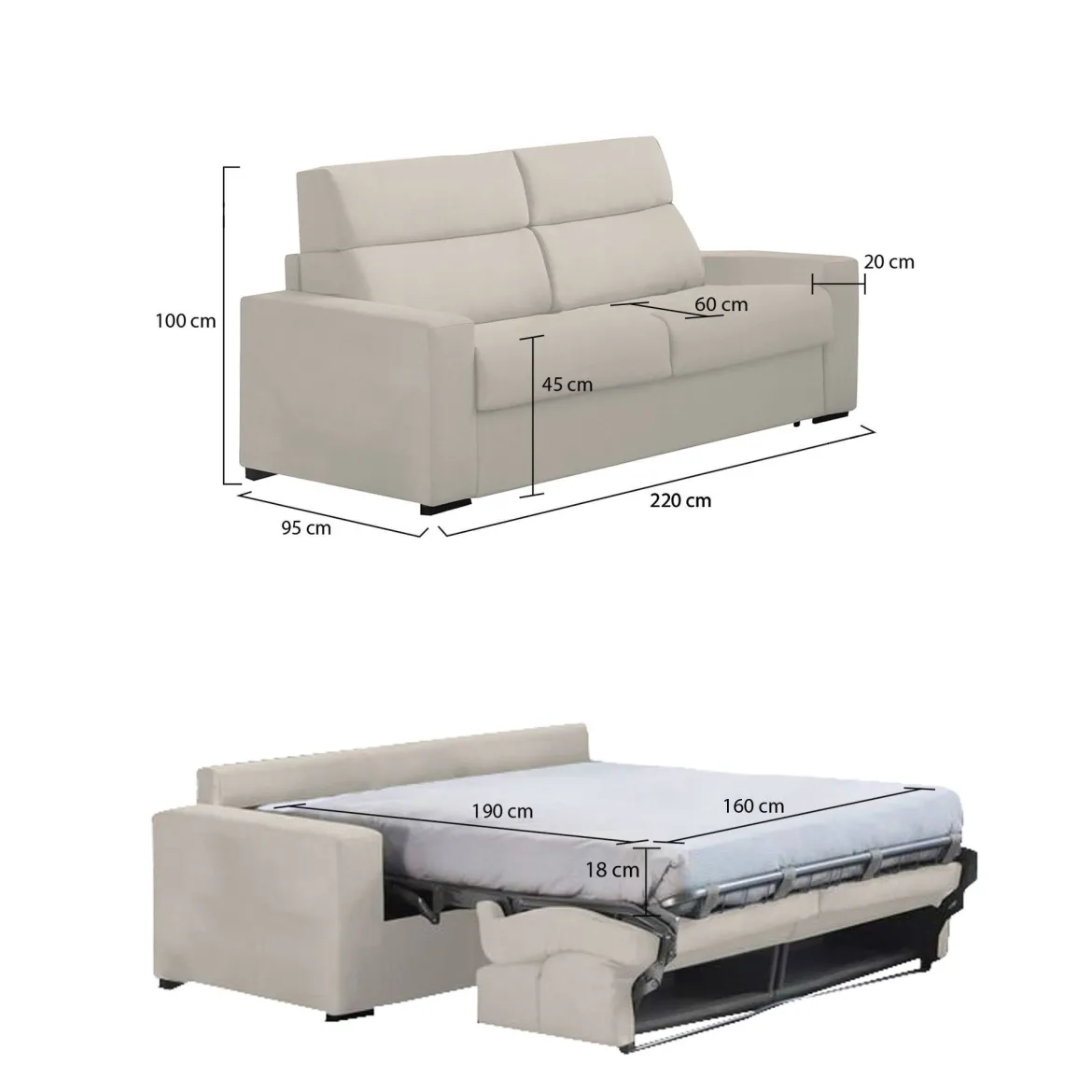 Divano Letto 3 Posti Beige Sfoderabile Contenitore 220x95 cm, Lavabile Made in Italy - Quindici