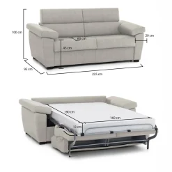 Divano Letto 3 Posti Beige Sfoderabile Contenitore 225x95 cm, Lavabile Made in Italy - Trino