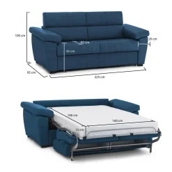 Divano Letto 3 Posti blu Sfoderabile Contenitore 225x95 cm, Lavabile Made in Italy - Trino