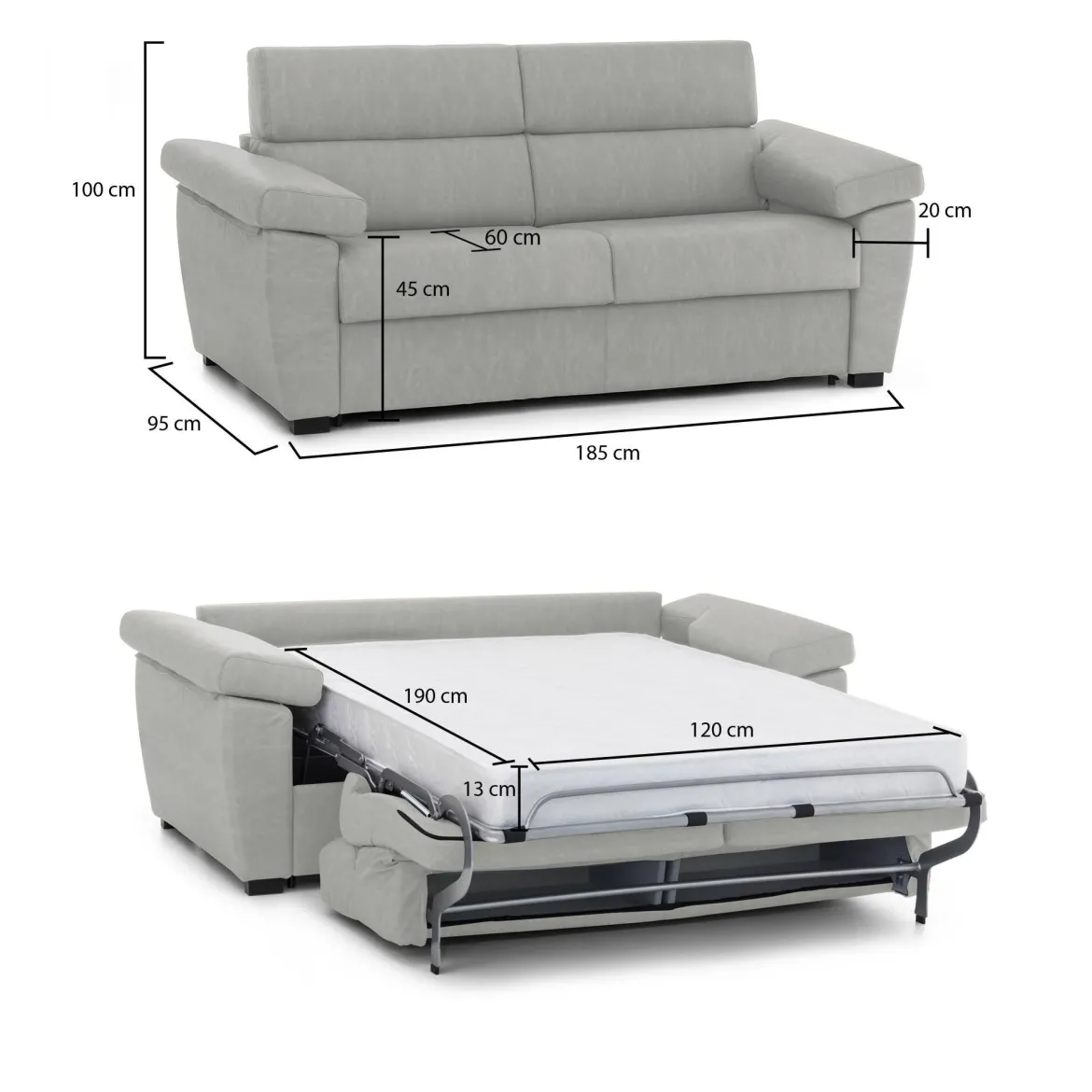 Divano Letto 2 Posti Grigio Chiaro Sfoderabile Contenitore 185x95 cm, di Apertura a Ribalta Made in Italy - Tenna