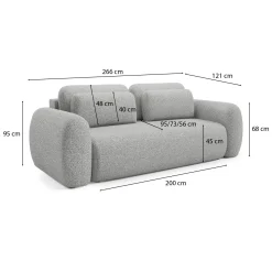 Divano Letto 3 Posti Grigio Chiaro Contenitore di Apertura a Libro 266x121 cm, Reclinabile - Sessame