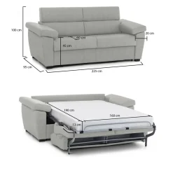 Divano Letto 3 Posti Grigio Chiaro Sfoderabile Contenitore 225x95 cm, Lavabile Made in Italy - Trino