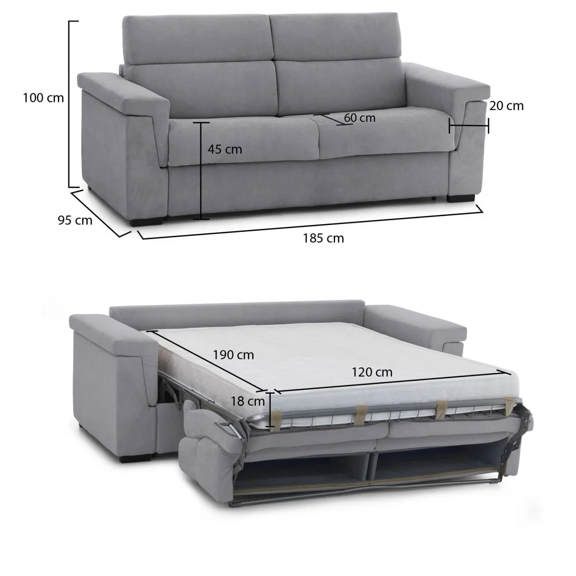 Divano Letto 2 Posti Grigio Sfoderabile Contenitore 185x95 cm, di Apertura a Ribalta Made in Italy - Rigolato