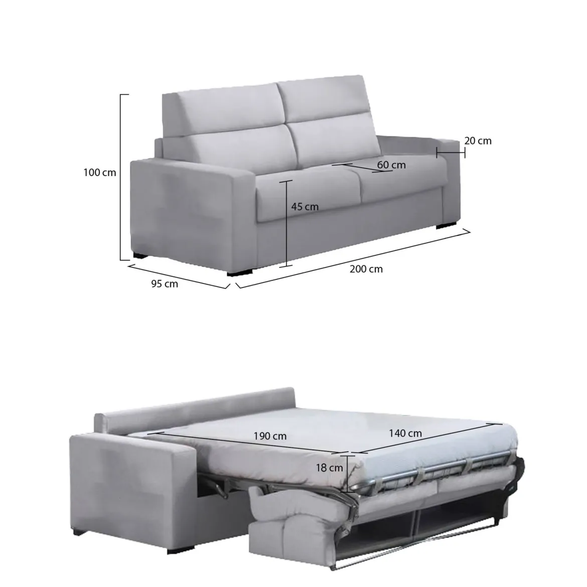 Divano Letto 2 Posti Grigio Sfoderabile Contenitore 200x95 cm, di Apertura a Ribalta Made in Italy - Ecate